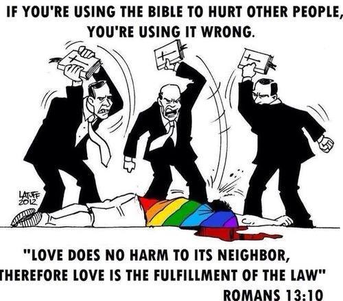 Image:  Three preachers beating a gay guy with Bibles.  Title:  If you're using the Bible to hurt other people, you're using it wrong.