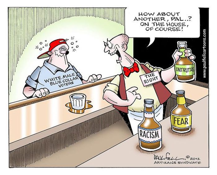 Batender and white male blue color worker:  Holds up bottle of untruth and says, "How about another?"  Bottles or racism and fear on the counter.