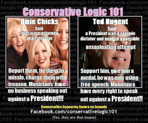 Conservative Logic:  Dixie Chicks say they are ashamed of Bush, face GOP backlash.  Ted Nugent says Obama is a commie dictator, implies and assassination attempt, gets feted and rewarded by Republicans.