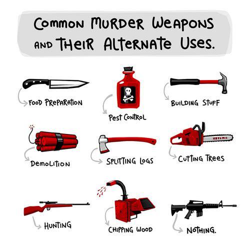 Common murder weapons and their alternate uses:  Knive, food prep; poison, pest contro, hammer, building stuff; etc.  Assault rife, nothing.