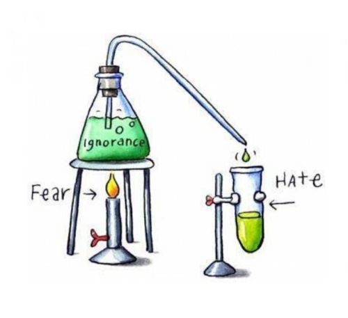 Graphic:  Bunsen burner of hate heats beeker of ignorance, thus distilling fear.