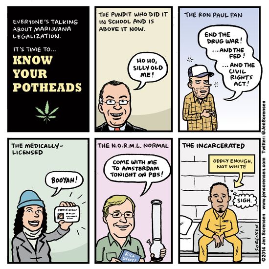 Know Your Potheads:  The pundit who wrote about how it was okay for him then but not for anyone now, the Libertarian, the holder of a medical pot license, the incarcerated )oddly enough, not white).