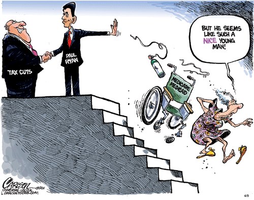 Paul Ryan shakes hands with tax cuts for the rich while pushing Medicare Granny down the stairs