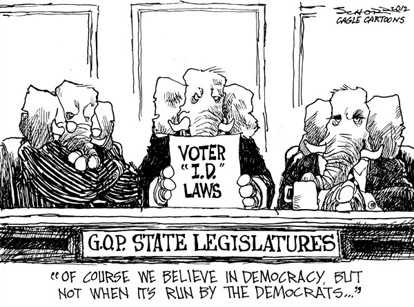 Republicans passing Voter ID laws:  Of course we believe in Democracy, just not when it's run by Democrats